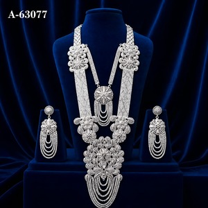 Designer Ethnic Long Zircon Trendy <b>Necklace</b> <b>Set</b> with Matching Earrings Gold Plated <b>Silver</b> Plated Wedding Jewelry A-63074 - Product Image 4