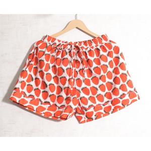 Women Strawberry Print Cotton Hand Block Printed Pajamas Short Sleeve Turn-Down Collar Elastic Waist Mid Rise Casual Summer Wear - Product Image 3