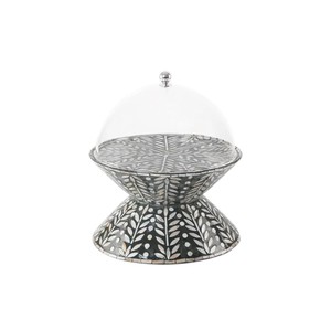 Outstanding mother of pearl <b>cake</b> <b>stand</b>, ash grey floral handmade shell tier container set with <b>dome</b> for boutiques - Product Image 1