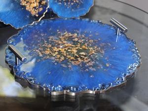 Handmade <b>Blue</b> Resin Geode Tray with Handles & <b>Coasters</b> - Product Image 6