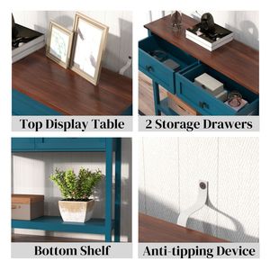 Console a 2 cassetti stile fattoria tavolino rustico ingresso con ripiano di stoccaggio inferiore blu Pagoda per soggiorno corridoio - Product Image 6