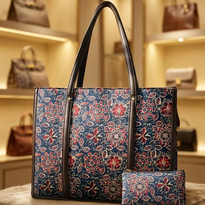 Bolso Tote Jacquard Floral Azul Marino Premium con Bolsa Adicional a Juego – Bolso de Hombro con Motivo Tradicional Indio - Product Image 1