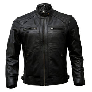 Blouson moto en cuir véritable noir pour homme, col montant, fermeture éclair, avec épaules matelassées - Product Image 3