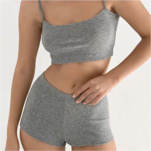 Ensemble de salon deux pièces pour femmes, haut court extensible avec short, ensemble décontracté pour la maison - Product Image 2