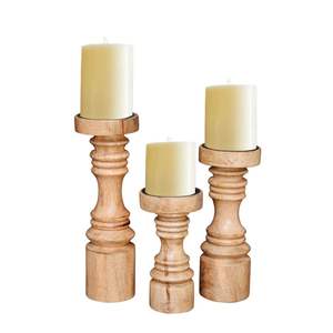 Handcrafted Mango Wood Candle Pillar Candle Holder <b>Set</b> Rustic Farmhouse Wooden Candle Stand for Wedding Table Decor 3-Piece <b>Set</b> - Product Image 4