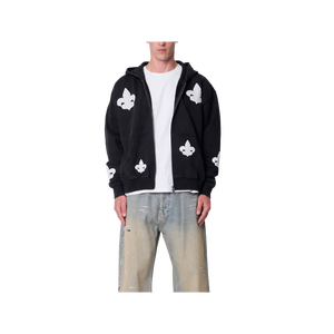 Sudadera Negra Extra Grande para Hombre, Cuello Redondo, Transpirable, de Algodón Tejido, Informal, para Invierno, con Estampado de Flor de Lis Blanca y Diseño de Bolsillo - Product Image 1