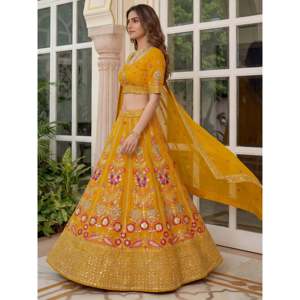 Alluring Yellow <b>Sequins</b> Georgette Wedding Lehenga Choli for Women - Product Image 5