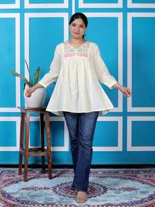 Haut ample en organza brodé floral pour femme, tunique décontractée ethnique à col en V et manches longues pour le quotidien - Product Image 1