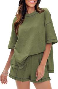 Conjunto de Camiseta de Manga Corta y Pantalones Cortos para Mujer, Estilo Casual, Ecológico, para Verano, Dos Piezas, Ropa de Salón, Conjunto a Juego, Venta al Por Mayor - Product Image 2