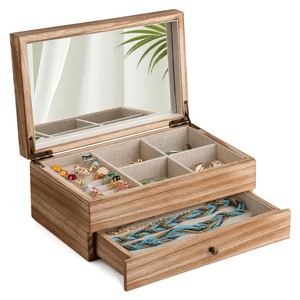 Caja de Joyería de Madera de Teca Hecha a Mano con Espejo |   Organizador de Almacenamiento al por Mayor - Product Image 1