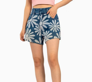 Blue Printed Pattern Loose Classic Five Pocket Jean Shorts Womens - Product Image 4