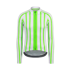 Maillot de cyclisme à manches longues pour homme, séchage rapide, respirant, 180g, blanc et vert rayé, fermeture éclair intégrale, polyester, coupe ajustée - Product Image 1