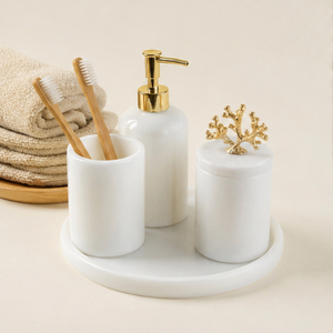 Luxurious 4-Piece Natural White Marble <b>Bathroom</b> <b>Accessory</b> <b>Set</b> with Gold Coral Accents for Modern Hotel And Home Decor - Product Image 2