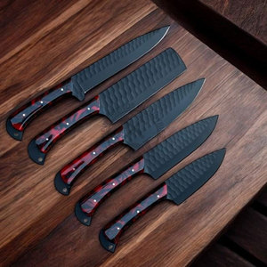 Hot Selling Custom Handmade J2 Steel Powder Coated Hammered Blade 5-Piece Durable <b>Sharp</b> Ambidextrous Kitchen Chef <b>Knives</b> <b>Set</b> - Product Image 1
