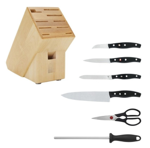 Couteaux de cuisine avec manches noirs, lames argentées, bloc en bois brun clair à fentes, ciseaux et aiguiseur pour la préparation quotidienne des aliments - Product Image 6