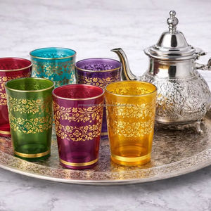Service à thé marocain de luxe, 6 verres multicolores, un plateau, une théière, dans un coffret cadeau - Product Image 1