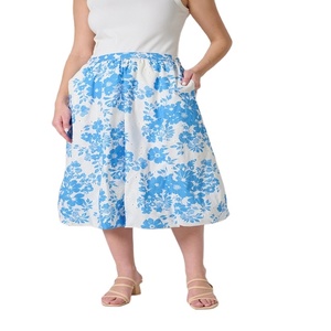 Blue Floral Midi <b>Skirt</b> For Women – Flowy Flared Cut Fit <b>Elastic</b> Waistband Cotton Lined Side Pockets Elegant Summer Style <b>Skirt</b> - Product Image 4