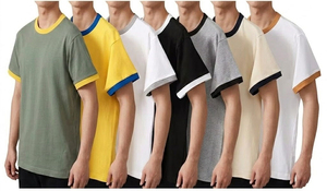 Camiseta de Manga Corta Amarilla para Hombre con Ribete en Contraste Azul, Corte Regular, Cuello Redondo, Color Sólido, Tejido de Algodón - Product Image 5