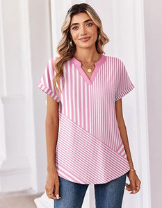 Camiseta de Manga Corta con Cuello en V para Mujer, a Rayas, Holgada, Informal, de Verano, con Patrón Rosa y Blanco, Transpirable, de Algodón Tejido - Product Image 2