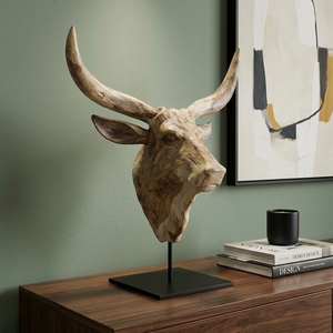 Buffalo Suge Stand Handcrafted <b>Wooden</b> Animal Head Sculpture <b>Rustic</b> Tribal Tabletop Decorative Artwork Metal Stand Home Decor - Product Image 3
