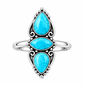 Bague en turquoise Mohave à 3 pierres, poire, marquise, faite à la main, style western bohème, bijou unique de créateur, bague statement en pierres précieuses - Product Image 3