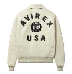 Avirex Fashion Custom <b>Men's</b> Cream Bomber <b>Jacket</b> Style With Embroidered Patch Front Zipper Casual Style Autumn Wear - Product Image 2