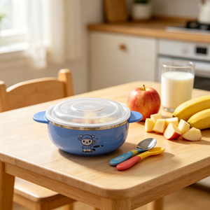 Bol pour bébé en acier inoxydable bleu avec couvercle, design mignon de dessin animé pour enfants, ensemble d'alimentation avec cuillère - Product Image 1