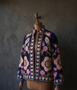 Premium Navy Blue <b>Velvet</b> Suzani Embroidered <b>Jacket</b> with Floral Print Full Sleeve Stand Collar Bohemian <b>Women's</b> Winter Outerwear - Product Image 1