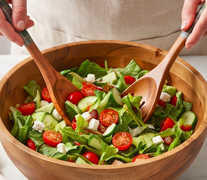 Ensemble d'ustensiles de cuisine en bois massif avec poignées en bois naturel, motif brun et vert, pour cuisiner et servir - Product Image 6