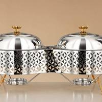 Plat de service de luxe à double compartiment en acier inoxydable avec couvercle en verre, support doré à pieds, découpes géométriques, pour buffet, unité individuelle