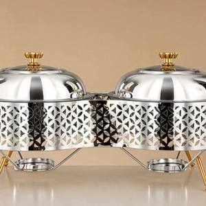 Lujoso calentador de acero inoxidable de doble cuenco con tapa de cristal, soporte con patas doradas y diseño geométrico, para buffet, unidad individual - Product Image 5
