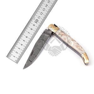 Nuevo cuchillo plegable estilo Laguiole de Damasco, forjado a mano, con escamas de resina de color exótico, con pomo y taladro de latón. - Product Image 1
