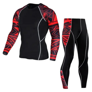 Ensemble haut à manches longues et pantalon long de compression noir et rouge pour homme, vêtements de sport à séchage rapide, vêtements de yoga, Seamrewear - Product Image 1