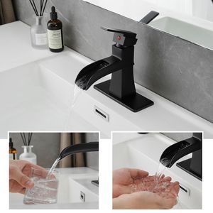 Rubinetto per lavabo a cascata nero a 1 foro con maniglia singola, scarico a scomparsa, tubi di alimentazione e piastra di copertura - Rubinetti bagno monocomando - Product Image 3
