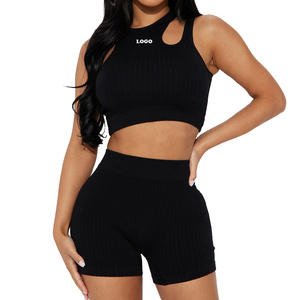 Conjunto Deportivo de 2 Piezas para Mujer, Top Corto sin Mangas y Pantalones Cortos de Cintura Alta, Color Negro Sólido, Estilo Deportivo Casual para Primavera/Verano - Product Image 1