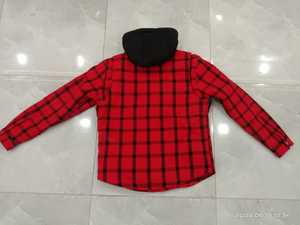 Red Black Plaid Hooded Flannel Shirt Protective Kevlar <b>Jacket</b> Quilted Lined Long Sleeve - Product Image 2