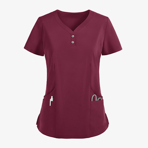 Uniformes Médicos para Mujer al por Mayor, Manga Corta, Múltiples Bolsillos, Cuello en V, 72% Poliéster/21% Rayón/7% Elastano, Tela de Rizo, para Hospital - Product Image 1