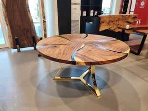 Contemporary Round Wood Resin Dining <b>Table</b> Handmade Solid Hardwood Furniture with Artistic River Design - Product Image 3