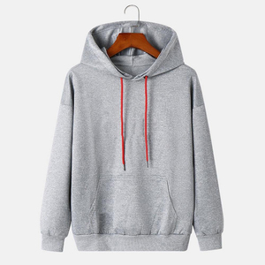 2026 Wholesale Prices <b>Men's</b> Loose Fit Solid <b>Grey</b> <b>Hoodie</b> Pullover Sweatshirt with Kangaroo Pocket and Red Drawstrings OEM ODM - Product Image 1