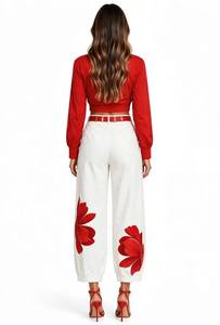 Women Red V Neck Long Sleeve Crop <b>Top</b> <b>White</b> Floral Pants 2 Piece <b>Set</b> - Product Image 3