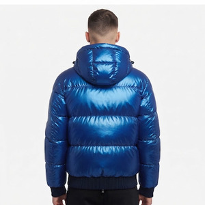 Custom Men's Premium Metallic Shiny Hooded Puffer Jacket Blue Glossy Warm <b>Quilted</b> Winter Coat Thick Insulated Outdoor Parka - Product Image 4