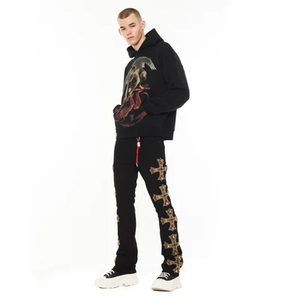 Jeans de Hombre Negros con Estrellas Bordadas, Corte Recto, Cintura Alta, Cierre de Cremallera, Estilo Casual, Lavado, para Otoño - Product Image 5