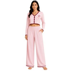 Ensemble de pyjama court pour femme, rose clair et bordeaux, manches longues, broderie florale, en coton doux tricoté, vêtements de détente, OEM - Product Image 1