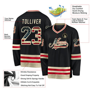 Custom <b>Men's</b> <b>Black</b> Ice Hockey Jersey V-Neck Full Sleeve Sublimated Print Teams Logo Flag Pattern Polyester Apparel - Product Image 2