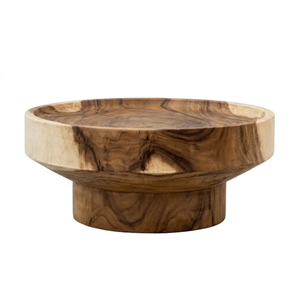 Minimalist Japandi Solid Suar <b>Wood</b> <b>Round</b> <b>Coffee</b> <b>Table</b> Tray Top Raised Edge Pedestal Handmade Natural Grain Furniture - Product Image 1