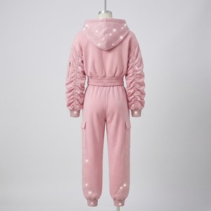 Custom <b>Pink</b> Ruched Sleeves With Rhinestone Tracksuit Cropped Zip Up <b>Hoodie</b> Cargo Jogger Pant Two Piece Sweatsuit Women Outfit - Product Image 4