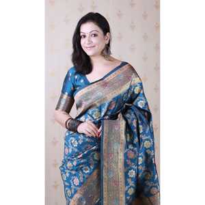 ผ้าซิ่นทอสีน้ำเงินเดนิมแบบอีลิท วีฟส์ บาเนราซี จาล พร้อมเสื้อผ้าไหมเนื้อนุ่มปักดิ้นทองมีนาคารีสำหรับผู้หญิง น้ำหนัก 650 กรัม - Product Image 2