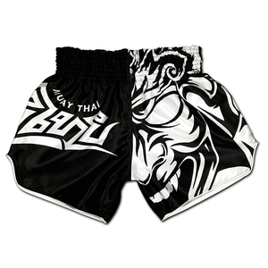 Shorts de boxe Muay Thai pour hommes, noir et blanc, imprimé tribal, séchage rapide, polyester, coupe classique, vêtements d'arts martiaux - Product Image 1