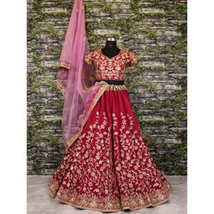 Maroon <b>Applique</b> Embroidery Work Banglory Silk Lehenga Choli - Product Image 3