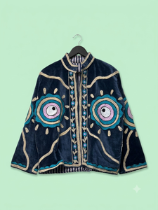 Blue <b>Velvet</b> Embroidered Breathable Reversible Jacket for <b>Women</b> Stand Collar Full Sleeve Woven Outerwear Vintage Boho Winter <b>Coat</b> - Product Image 2